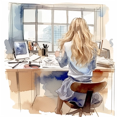 watercolor clipart of detailed high fashion campaign image, female model, long blonde hair, beautiful, she is sketching architectural drawings in an office place, you cant see her face its shot from the back of her, shot in the style of giampaolo sgura, you can see the model from head to toe, the camera angle is wide shot