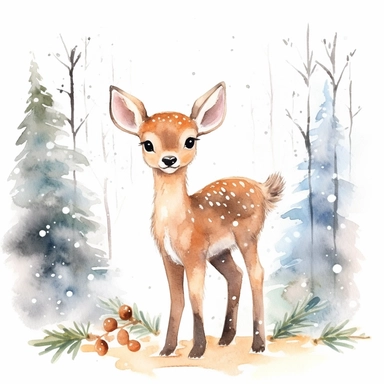 Christmas woodland cute deer naive art soft watercolour Clipart white background high resolution