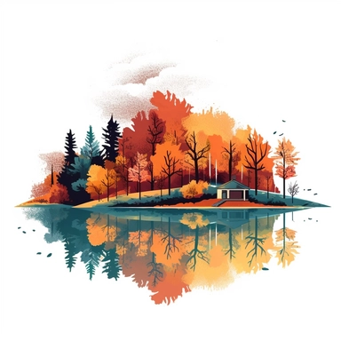 A serene lake surrounded by trees adorned with autumn foliage ,vector style graphic, positive vibe, clipart, single design, white background.