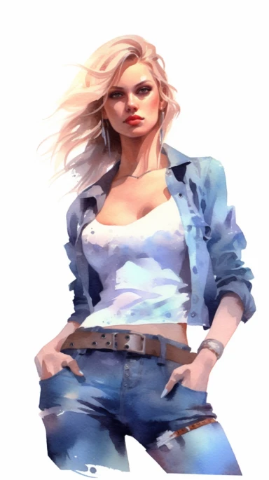 watercolor stylized clipart of a gorgeous norwegian woman bombshell in a white croptop and denim overalls, posing, muscular toned abs, epic light, chaotic,