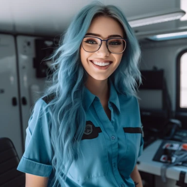 young mid twenty woman, long blue hair, black framed glasses, in a bright blue Medical Department workshirt, an ambulance patch on the side of the shirt, black Trousers, a Radio device clipped on the shoulders, smart, Fresh smile, 50mm, f1.8, Beatuy Retouche, beautiful, standing in Front of an American Hospital, sunset, happy, photorealistic, dark strong blue hair,