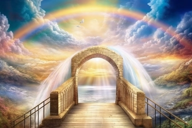 Imagine a watercolor painting of a long rainbow bridge stretching towards the gates of heaven. The doors to heaven are opening, revealing a colorful and vibrant sky filled with fluffy, white clouds and beautiful angels. This image is in high definition and would make a stunning piece of clipart,
