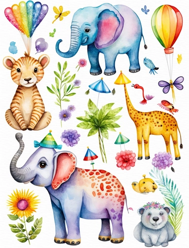 watercolor animals elements, clipart, vibrant rainbow colors, white background, 8k, high reso