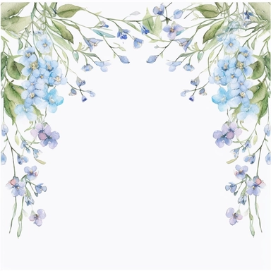 watercolor floral border isolated frame clip art vector illustration, forget me not flowers, hanging strands of flowers, seamless border, decorative hanging border design, soft watercolor, minimalist, intricate design, Style of Soft edges and atmospheric effects, in the style of subtle color variations, pastoral charm, romantic, embroidery, organic realism, isolated white background, soft focus technique, tattoo-inspired, delicate composition, accurate and detailed, realistic hyper-detail, intri