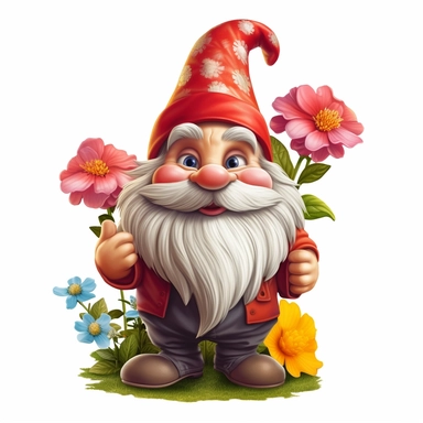 single clipart image png graphic of a Realistic 2D cute friendly 2D Clipart Vibrant Colorful Cute Garden Gnome PNG Illustration