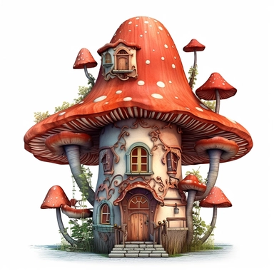clipart, shades of red and brown fairy mushroom house isolated on a white background, intricate details, vector, pastel colors, realistic, 3D, no shadows
