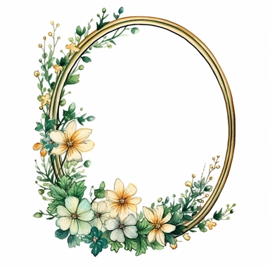 watercolor clipart of a empty suttle dainty floral oval frame surrounded by gold color flowers and emerald green flowers. Capture the essence of blooming beauty and intricate details in your artwork, white background