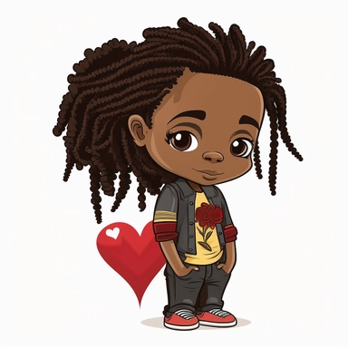 happy Handsome little black boy with brown eyes and braided hair full body falls in love on valentines day 4k cartoon clipart