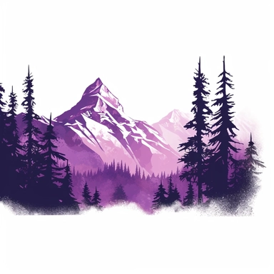 purple mountains with pine trees in the foreground, clipart, clear white background