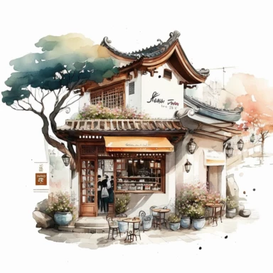 Clipart, a cafe in South Korea, with all the aromas and beauty, watercolor, white background, stunning architecture,