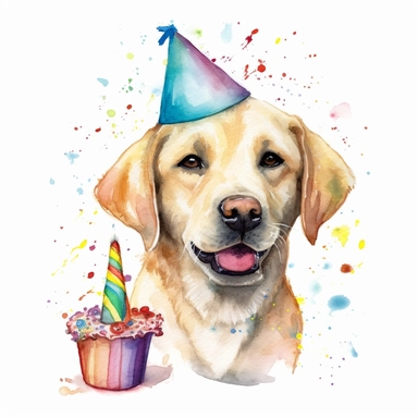 Clipart, watercolor, white background: A birthday Labrador retriever wagging its tail happily, wearing a birthday hat and carrying a toy bone as a special birthday gift.