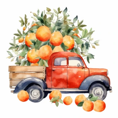 watercolor blue and red truck transfer the oranges tree and some oranges dropping along the way vector clipart, , hd, light olive, white background--s1000
