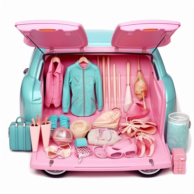 Beautiful barbie stuff, houses,cars. clothes,shoes, paint art style, detail, clipart, white background, superrealistic, one of a kind