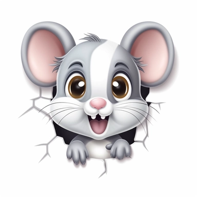 clipart, cute kawaii gray and white mouse sticking his head out of a hole in the wall, isolated on a white background, cartoon style, chibi style, vector, 3D, no shadows