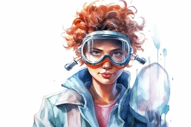 Watercolor, Generate a cartoon character wearing a lab coat and goggles, portraying a female scientist clipart, hd, on a white background, spaced out