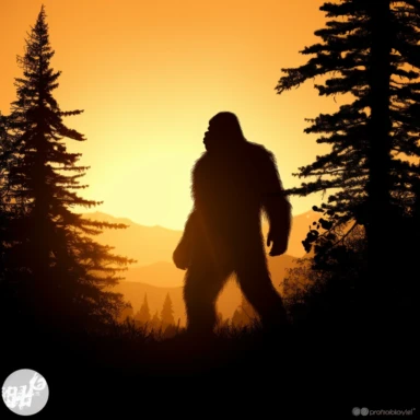 clipart of a sasquatch in a clearing, Silhouetted against a setting sun, hyper realistic, high definition, sharp focus, contour, edges of image fade to white