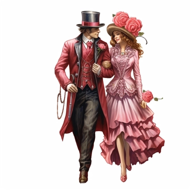 Steampunk partners enjoying a romantic stroll, both wearing red and pink steampunk ensembles, with a single steampunk rose nestled in the lapel of their attire, representing their blooming love. Ultra high quality, intricate detail, retro - futurism, pastel clipart, white background
