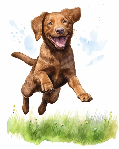 detailed watercolor Chesapeake Bay Retriever jumping on grass realistic clipart