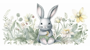 Watercolor bunny in floral bouquet. Hand drawn childish clipart animal forest, silver dollars, green plants and flowers. Watercolor painting funny bunny for kids. Baby cute animal rabbit,4K,very HD，