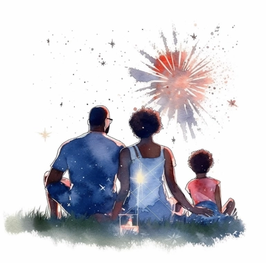 black family watching Fourth of July fireworks, sitting on blanket on grass, clipart, watercolor style, defined edges, white background