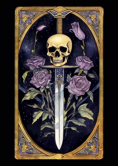 Realistic watercolor clip art of the tarot card Death, black background, purplish gold frame, ultra sharp