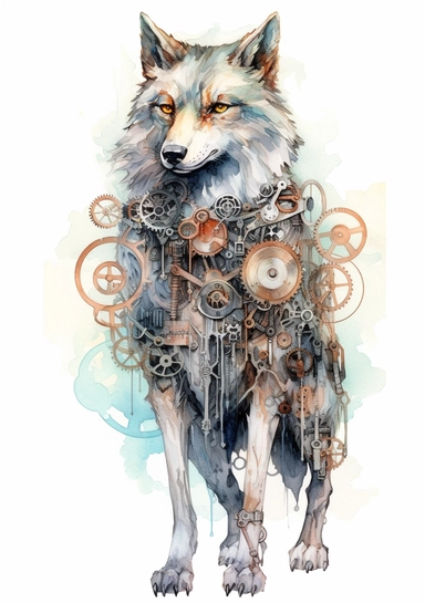 Steampunk Gray wolf clipart, realistic, Watercolor Retro Futuristic Victorian Era, art picture, full body, watercolor, multicolor, white background, lots of details, high quality - 8K,