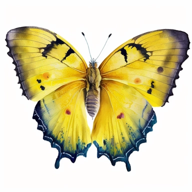 watercolor butterfly clipart, exotic flying butterfly, full yellow, bright color, no outlines, white background, no text