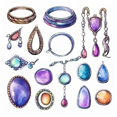 disco jewelry necklaces and bracelets , watercolor sketch clipart isolated on white background