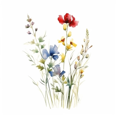 clean minimalistic wildflowers watercolor flower painting, in the style of watercolor landscapes, romantic and nostalgic themes, highly detailed and defined brush strokes of each stalk and grass and buds skillful clipart clean white background high contrast 16k resolution