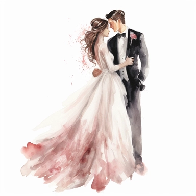 amazing detailed watercolor clipart of a bride with a beautiful couture dress and long veil and a groom, solid white background, clean sharp focus