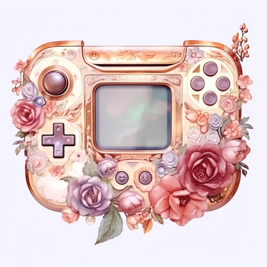 Watercolour rose gold and pastel detailed 3d Handheld gaming console, surrounded by beautiful roses and Swarovski crystals and diamonds, svg clipart style, solid white background, clipart element, clipart style highly detailed beautiful