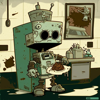 garbage pale kids format, pop surrealism digital art image of broken down, old, rusting, cartoonish, humanoid robot making a sandwich in the kitchen of a fast food restaurant. The robot is wearing tattered, McDonalds style uniform, made of human clothing. The robot is in an art style inspired by artists like Tara McPhereson, Nooligan, and Robin Eisenberg. To be used for digital clipart. Use dull, 1970's style, yellow, green, brown color scheme for the robot.