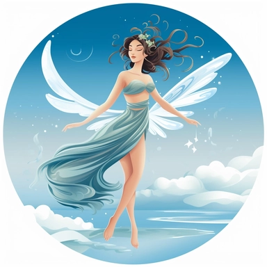 Create a cartoon-style clipart of a delicate sylph kissed by the sky, featuring translucent wings that evoke an ethereal quality. The sylph should have a graceful pose, and the sky behind her should be a gradient of blue hues, conveying a sense of wonder and whimsy. The lines of the drawing should be clean and distinct, and the high-contrast white background should make the sylph and sky stand out. This clipart would be ideal for use in a range of creative projects, from children's books to grap
