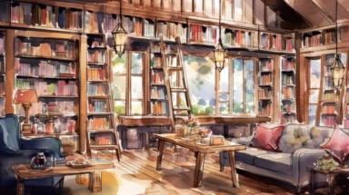 A captivating watercolor school clipart showcasing a cozy library within a school, filled with rows of bookshelves displaying a colorful array of books, a reading nook with plush cushions and a cozy fireplace, sunlight streaming through large windows, casting a warm glow on the pages, the delicate watercolor strokes capturing the tranquility and inspiration found within the world of books, Illustration, watercolor painting,