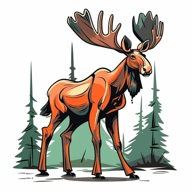 Alaskan moose concept, cartoon style art, classic 2D vector art with white background, clean lines, solid white background, thick black border, clipart, clip art, bright colors