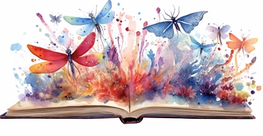 Adorable open watercolour book, cute dragon flies flying out, vivid colours, ornamental watercolor clipart, white background, I can’t believe how beautiful this is