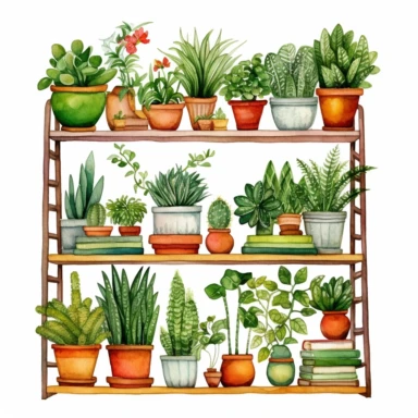 watercolor hand drawn clipart of lots of house plants on shelves, isolated on white background ,single design, single object, ,print on demand image, PNG transparent background, white background for removing background