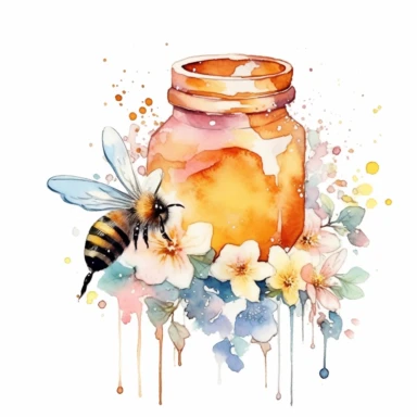 Clipart, isolated on white background, beautiful cute Watercolor Spring honeybee and honey jar and honey drips, flowers, ornated, pastel colors