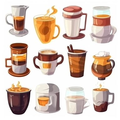 Clipart set different cups and containers with hot coffee, perfect and attractive designs, realistic style digital art, white background,
