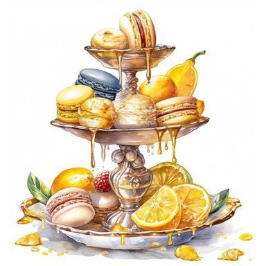 sweet colorful, gold, watercolor, honey Lemons Clipart, Macaroon,cupcake, variety of fruit juice drippin, on luxury stand, luxury Icon Set, detailed, isolated white background, hand painting , single design