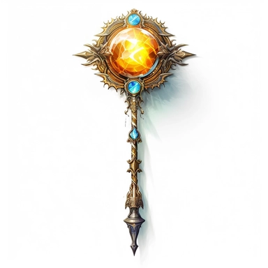 Design a captivating clipart image of a legendary staff against a pristine white background. The staff should have a radiant crystal orb crowning it, adorned with ancient runes and symbols. Let the staff emit a soft, pulsating glow to represent the wielder's magical prowess.