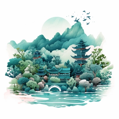 a Super Gorgeous paper cut water colour Chinese landscape painting with auspicious clouds, greenish blue, 2D concept simplified illustration on white background. clipart, highly detailed, vibrant, ultra high quality, 2D vector, best quality