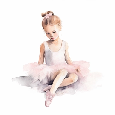 watercolor style, little ballerina in sitting position girl of 5 years old clipart, isolated on white background, hd