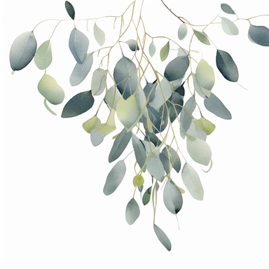 eucalyptus leaves in watercolor on the background, watercolor illustratoin, clipart, aquarrellist, flat lay, single twig, in the style of light green and silver, suspended/hanging, glossy finish, subtle surface decoration, comfycore, floral accents, danish design, white background