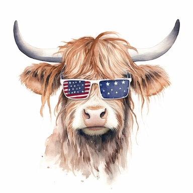 Patriotic Long Haired Calf, Highland cow face clipart, Western ,farm cow, clipart, red, white & blue headband, watercolor, white background