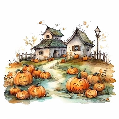 picturesque scene, watercolor and ink style, zombie pumpkin patch, clipart on plain white background, Halloween vibes, super scary cute in high detail ultra precision 16k HD, clean crisp brushwork, painted by Beatrix Potter