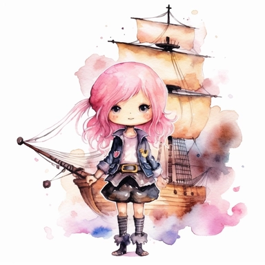 Cute little pirate girl standing on her pirate ship pink watercolor Clipart