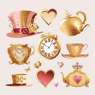 collection of hat , teapot,book, teacup, hearts cards, big crazy hat, gold melting clock , hourglass, queen of hearts , hearts paying cards vector clipart gold and light pink on white background