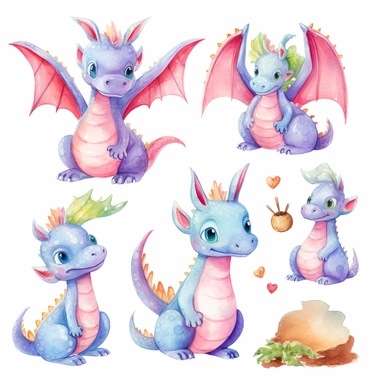 Dragons watercolor clipart, cute dragon PNG, nursery wall art, boys clipart, kids party, baby shower, white background