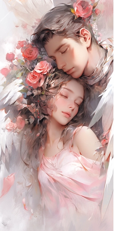 Watercolor beautiful wild roses fantasy art, Soulmates, couple, with beautiful face and perfect eyes with flowers, angel wing, chibi kawaii animated style, vivid vibrant colors, intricate detail, hyper detailed, hyper quality, 32K, unreal engine, isolated on white background, kawaii, clipart